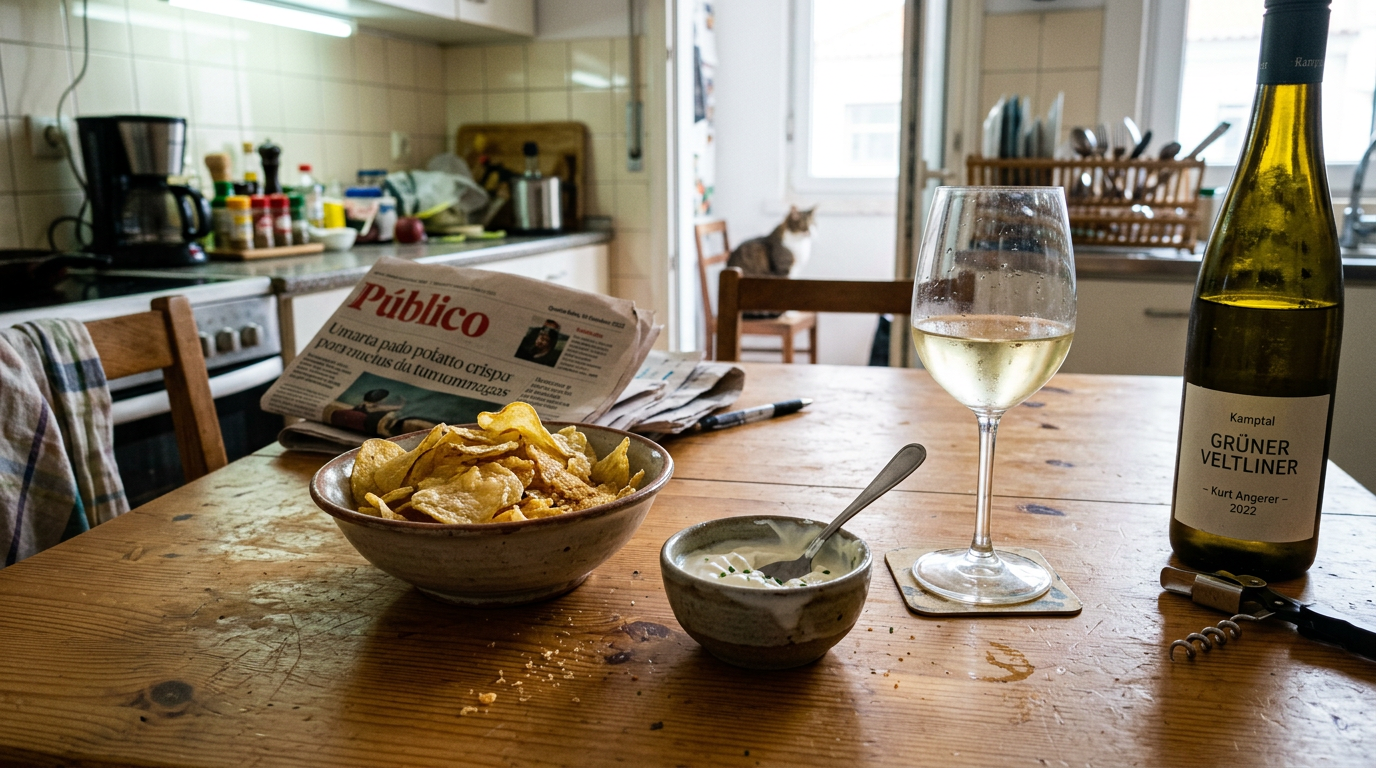 Potato crisps with sour cream dip + Grüner veltliner