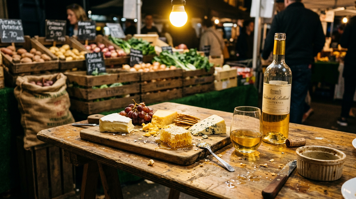 Cheese board with honeycomb + Sauternes