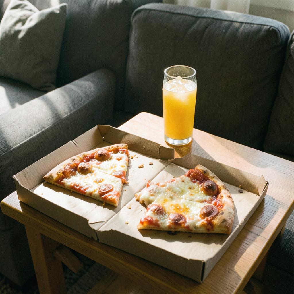 Cold pizza + Orange juice with sparkling water