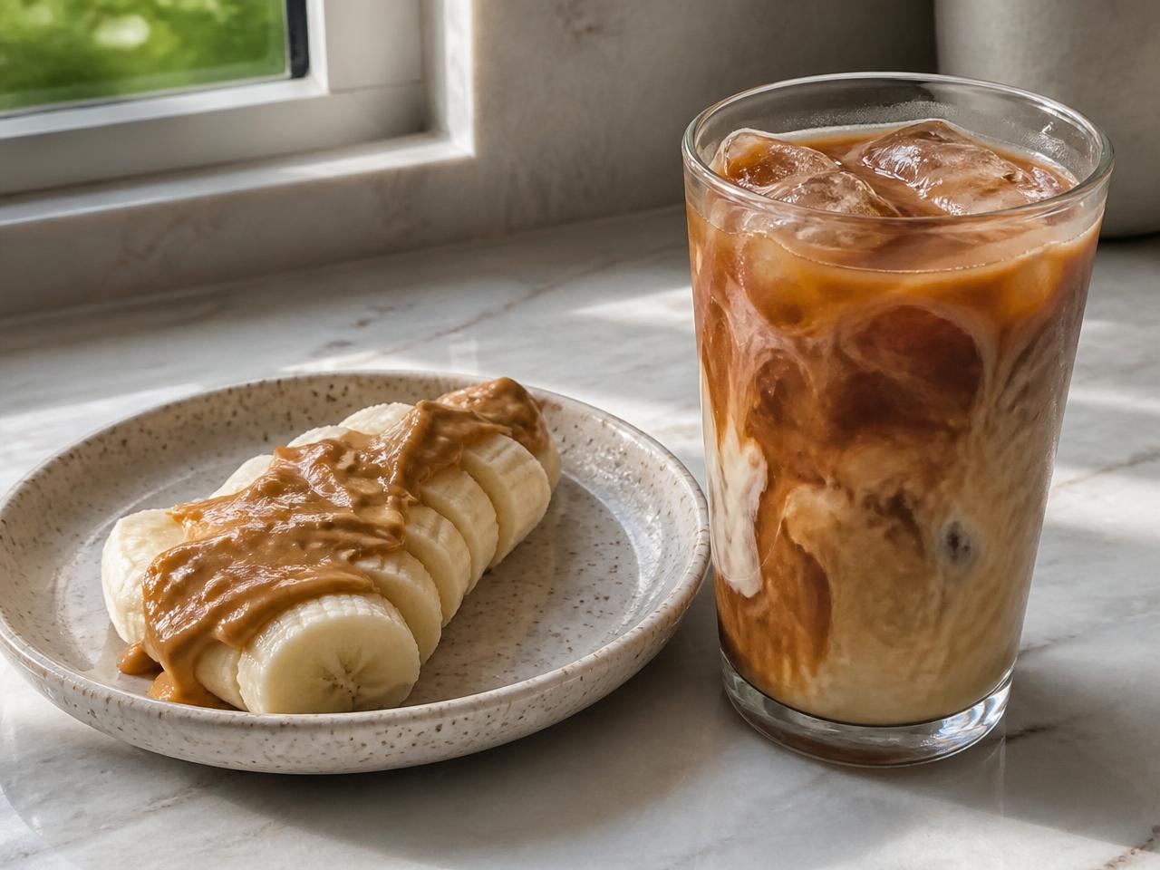Banana with peanut butter + Iced coffee