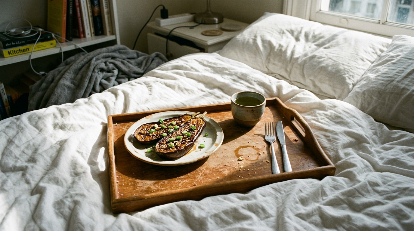Miso-glazed aubergine + Sencha