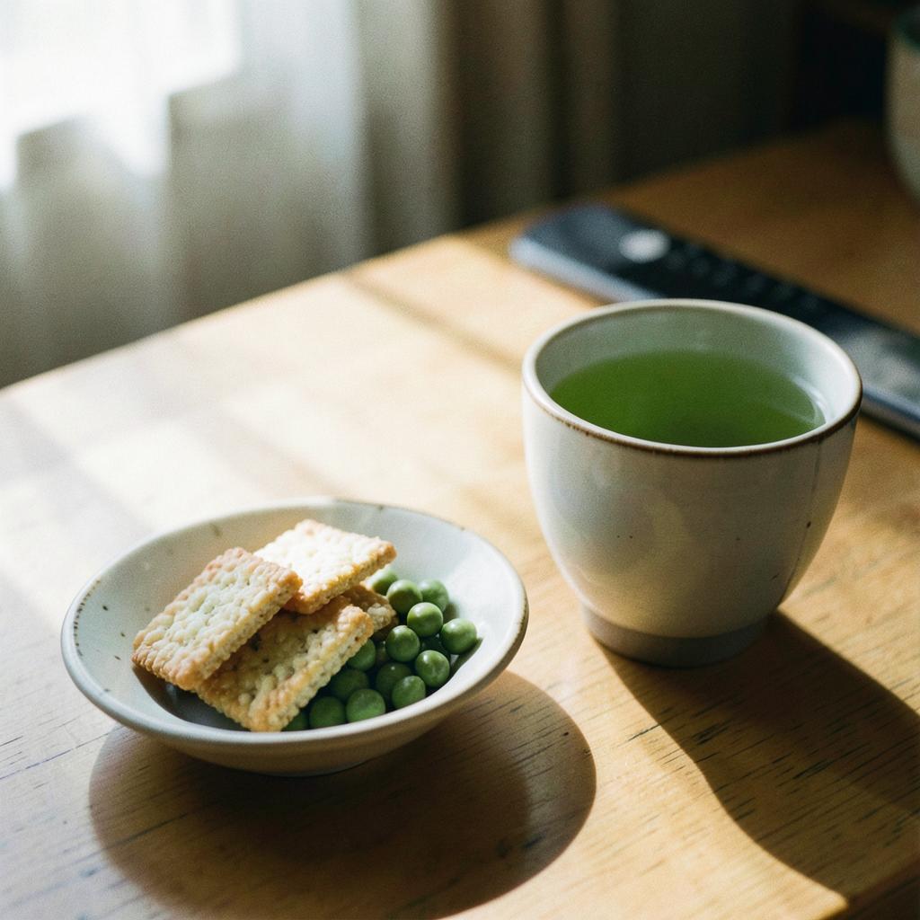 Rice crackers and wasabi peas + Sencha green tea
