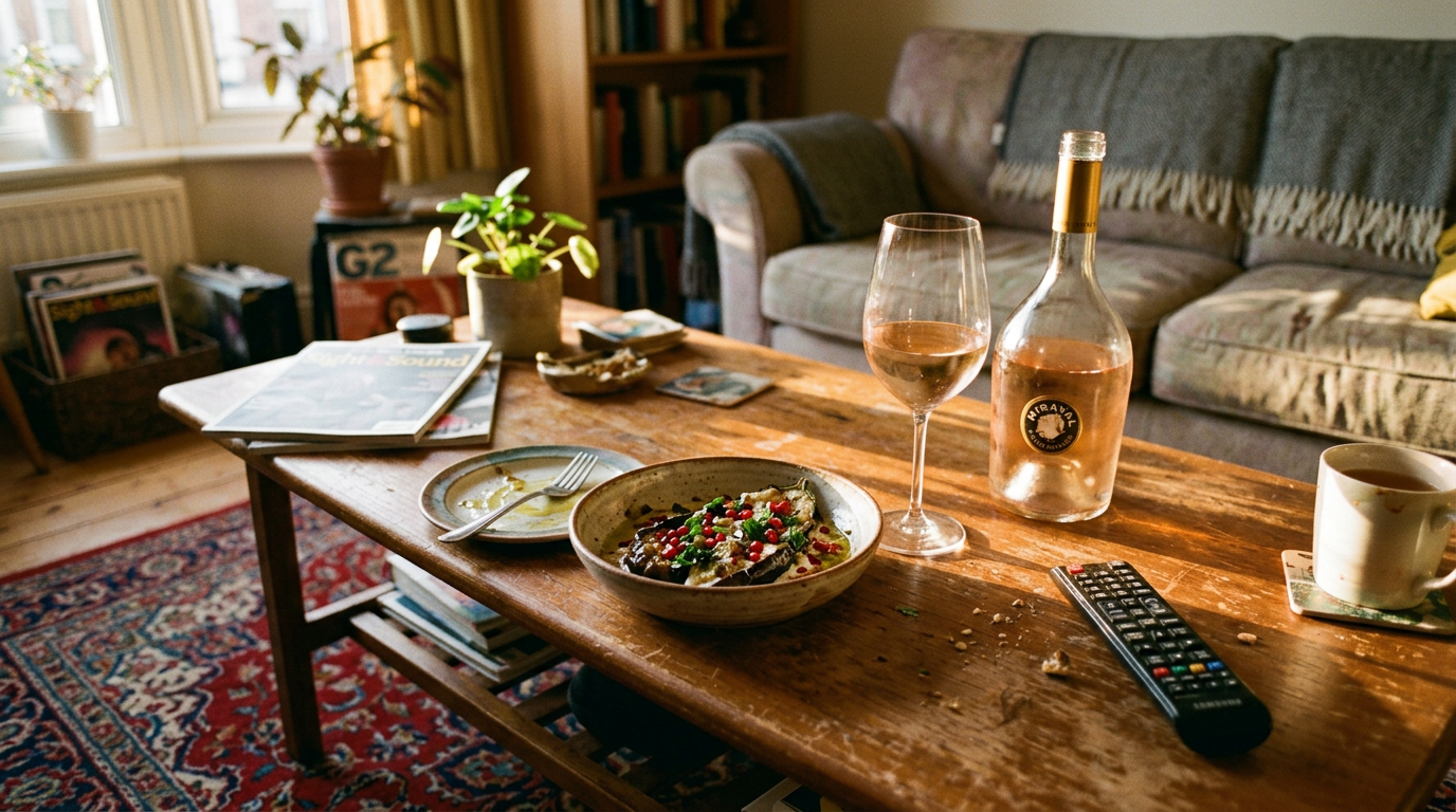 Charred aubergine with tahini + Rosé from Provence