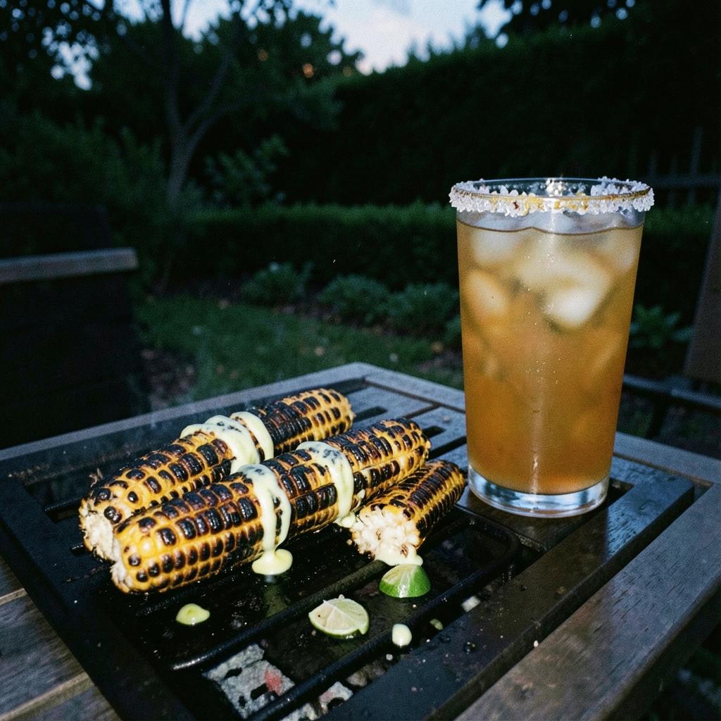 Charred corn with lime butter + Michelada