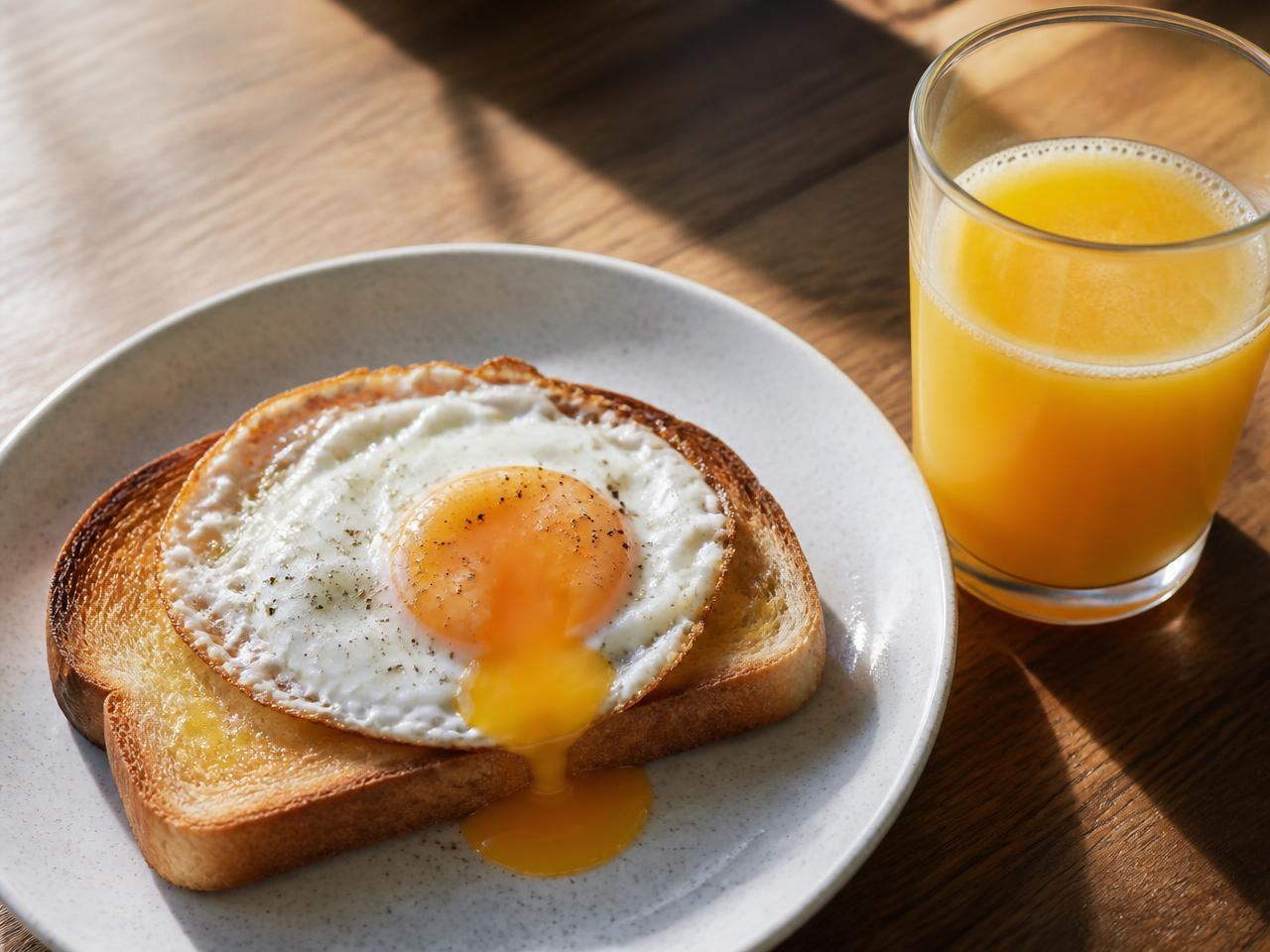 Fried egg on buttered toast + Fresh orange juice