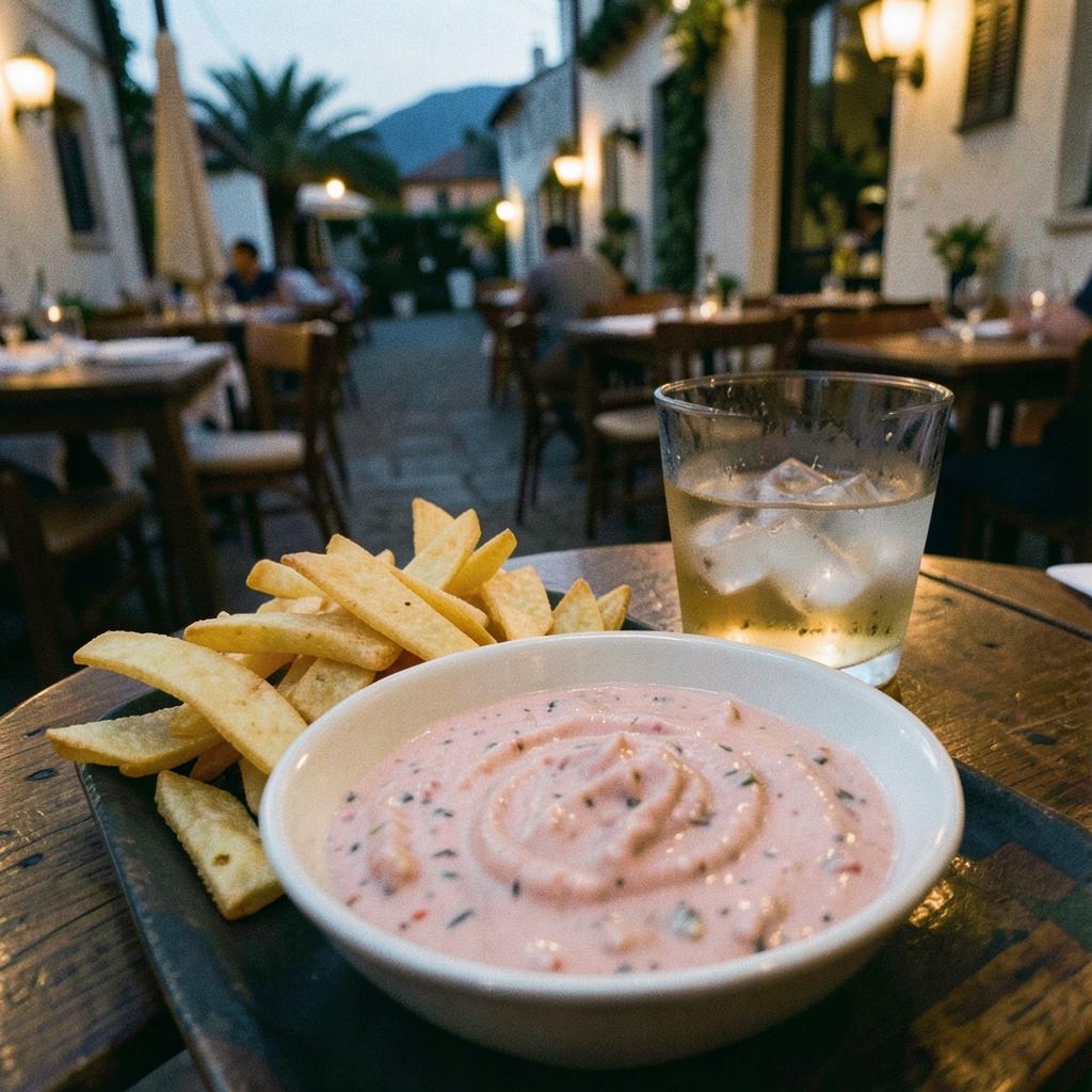 Potato crisps with taramasalata + Ouzo over ice