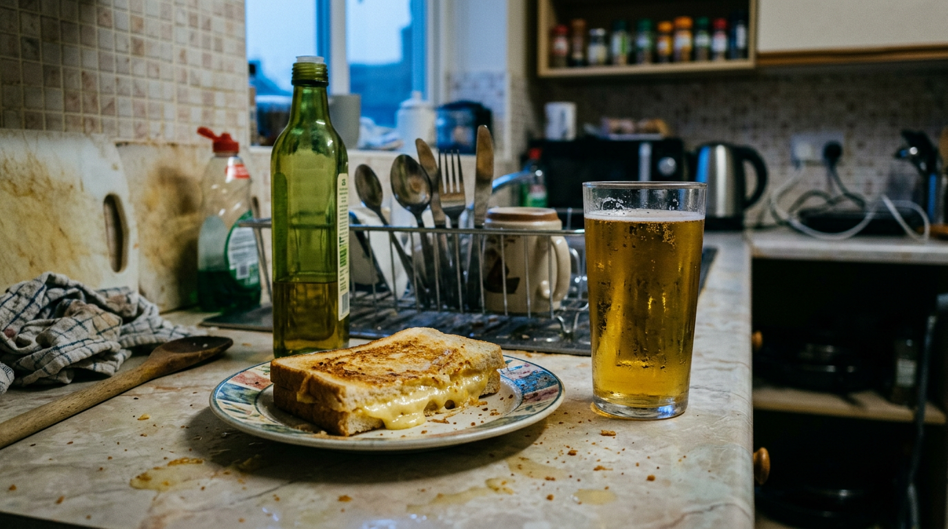 Cheese toastie at 2am + Cold lager