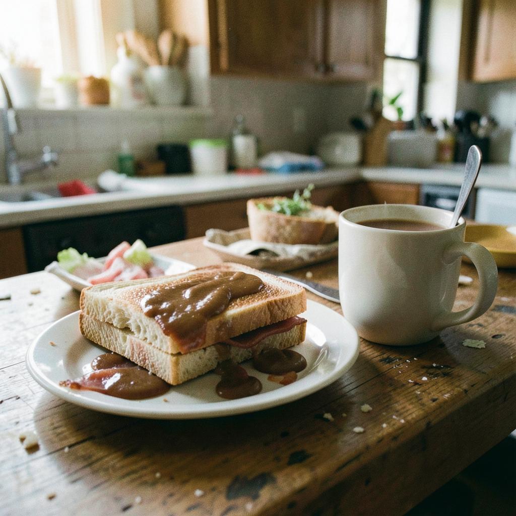 Bacon sandwich with brown sauce + Strong milky tea