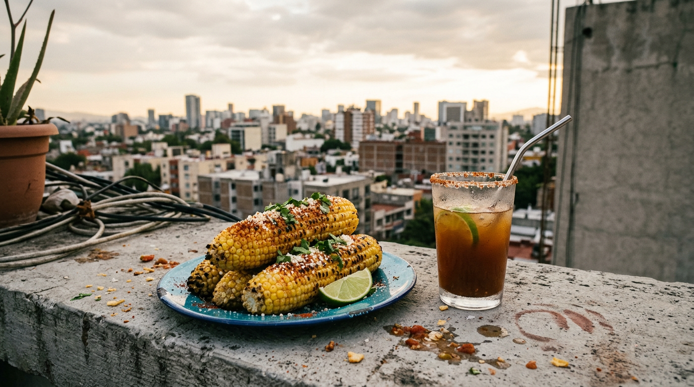 Grilled corn with lime and chilli + Michelada