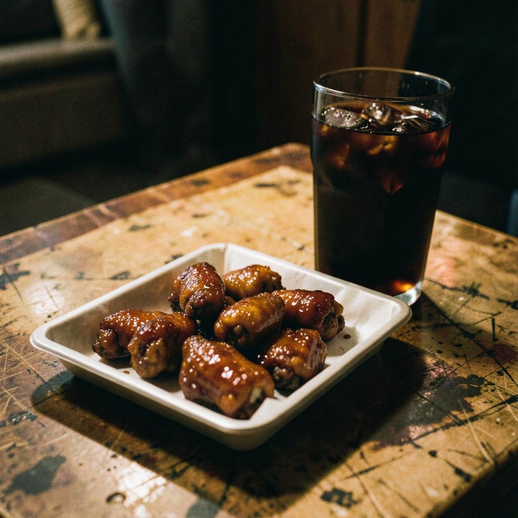 Honey-hot chicken wings + Cherry cola over ice