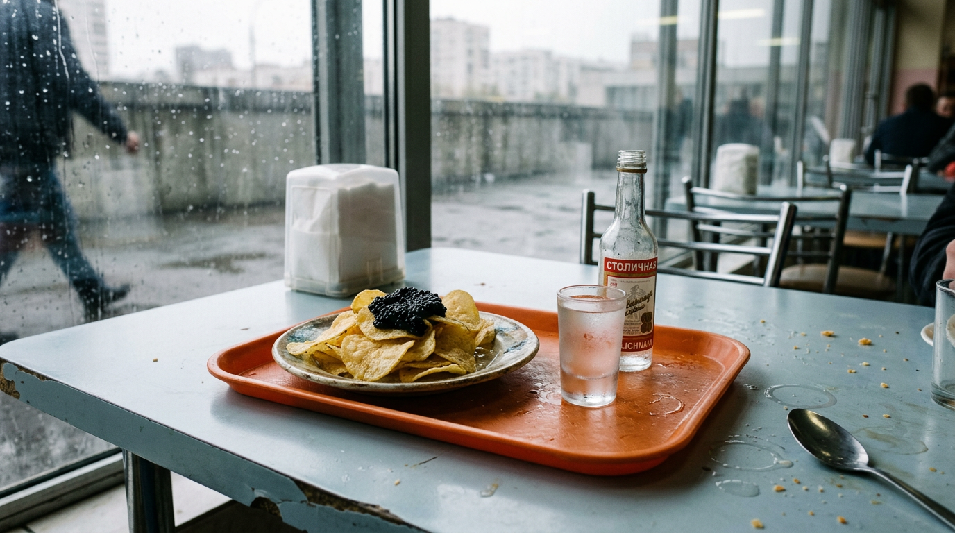 Salted potato chips and caviar + Vodka, freezer-cold