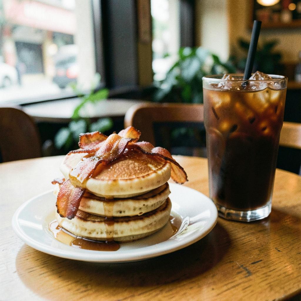 Buttermilk pancakes with bacon + Iced cold brew