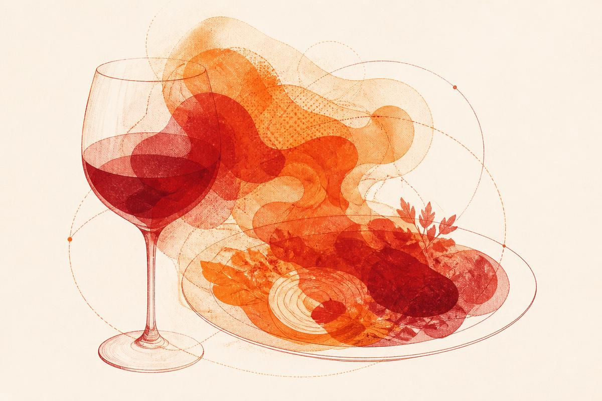 Line-art wine glass and plate whose contents merge into one swirling cloud